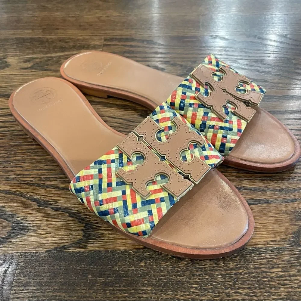 TORY BURCH Ines Woven Raffia Straw & Leather Logo Slip On Sandals